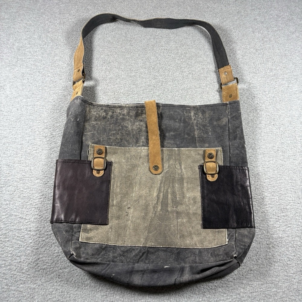 ⁠Mona B Upcycled Canvas Leather Shoulder Messenger Bag Purse Boho Distressed